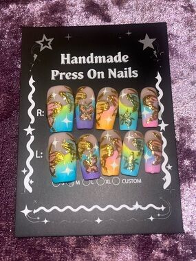 Handmade Multicolor Press On Nails with Gold Butterfly Accents